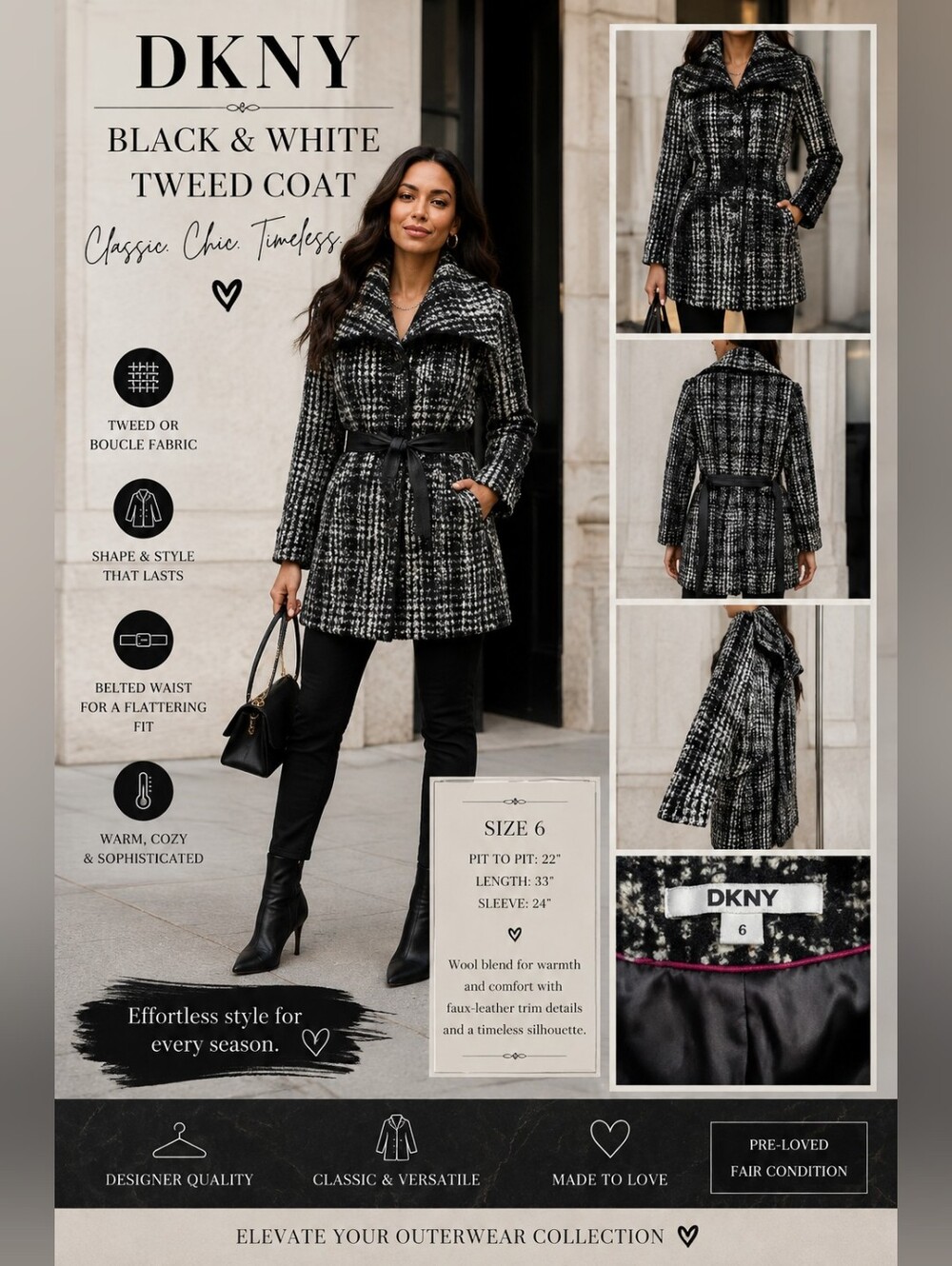 DKNY Black & White Tweed Bouclé Walker Coat | Faux Leather Trim| Belted | Size 6